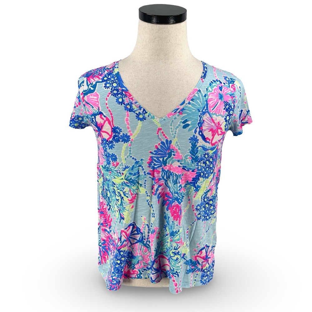Lilly Pulitzer Etta Womens V-Neck Short Sleeve Floral Slub Tee Blue Pink Small